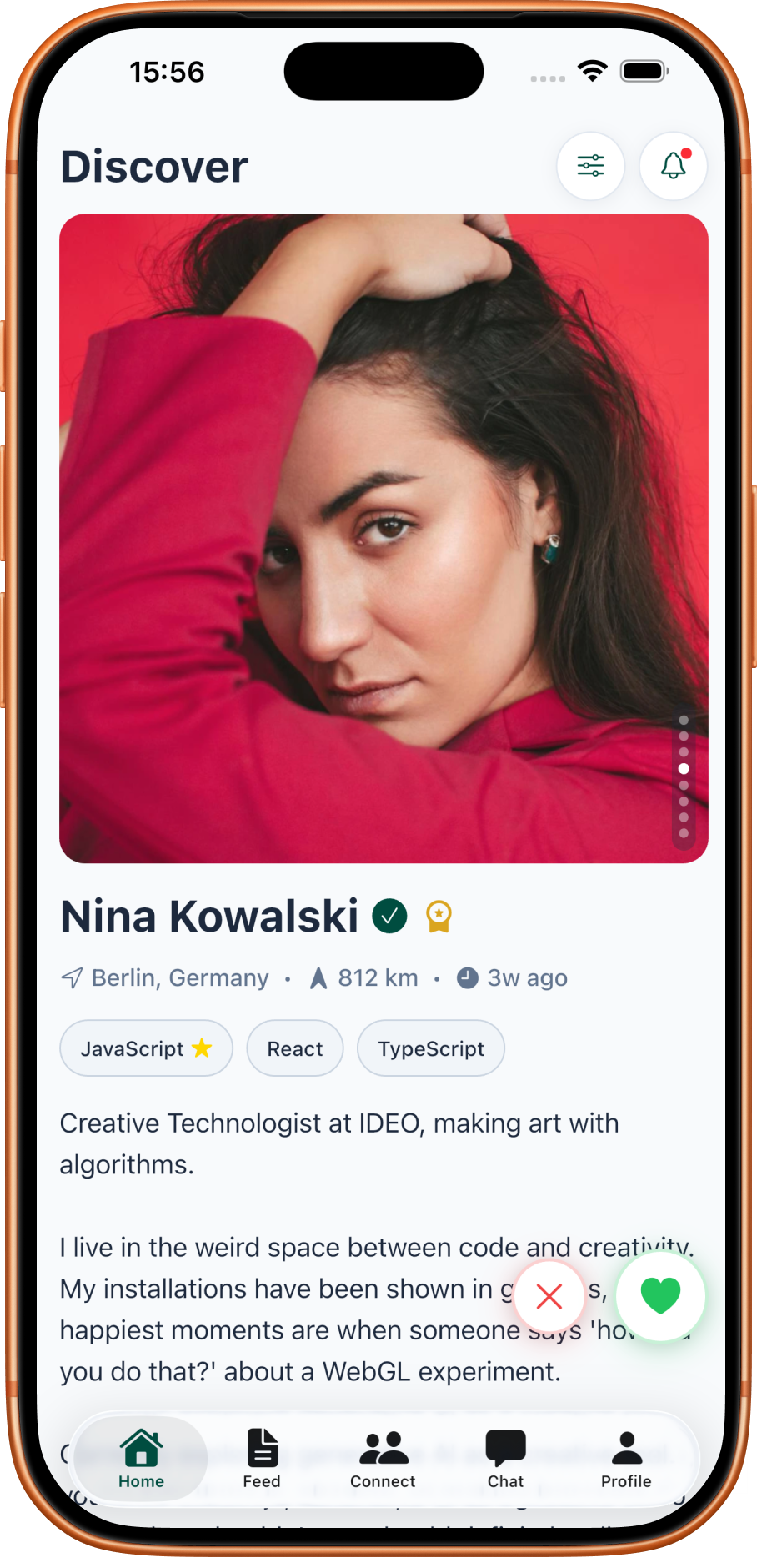 PushClub app showing developer profile card with skills like JavaScript, React, and TypeScript