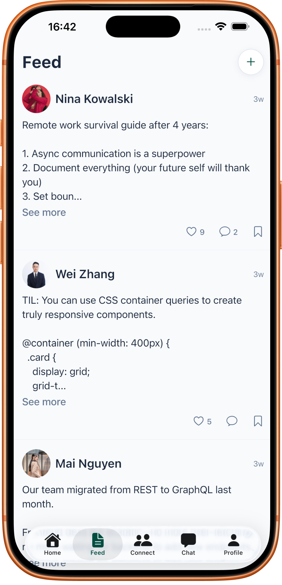PushClub social feed with developer posts sharing code tips and experiences