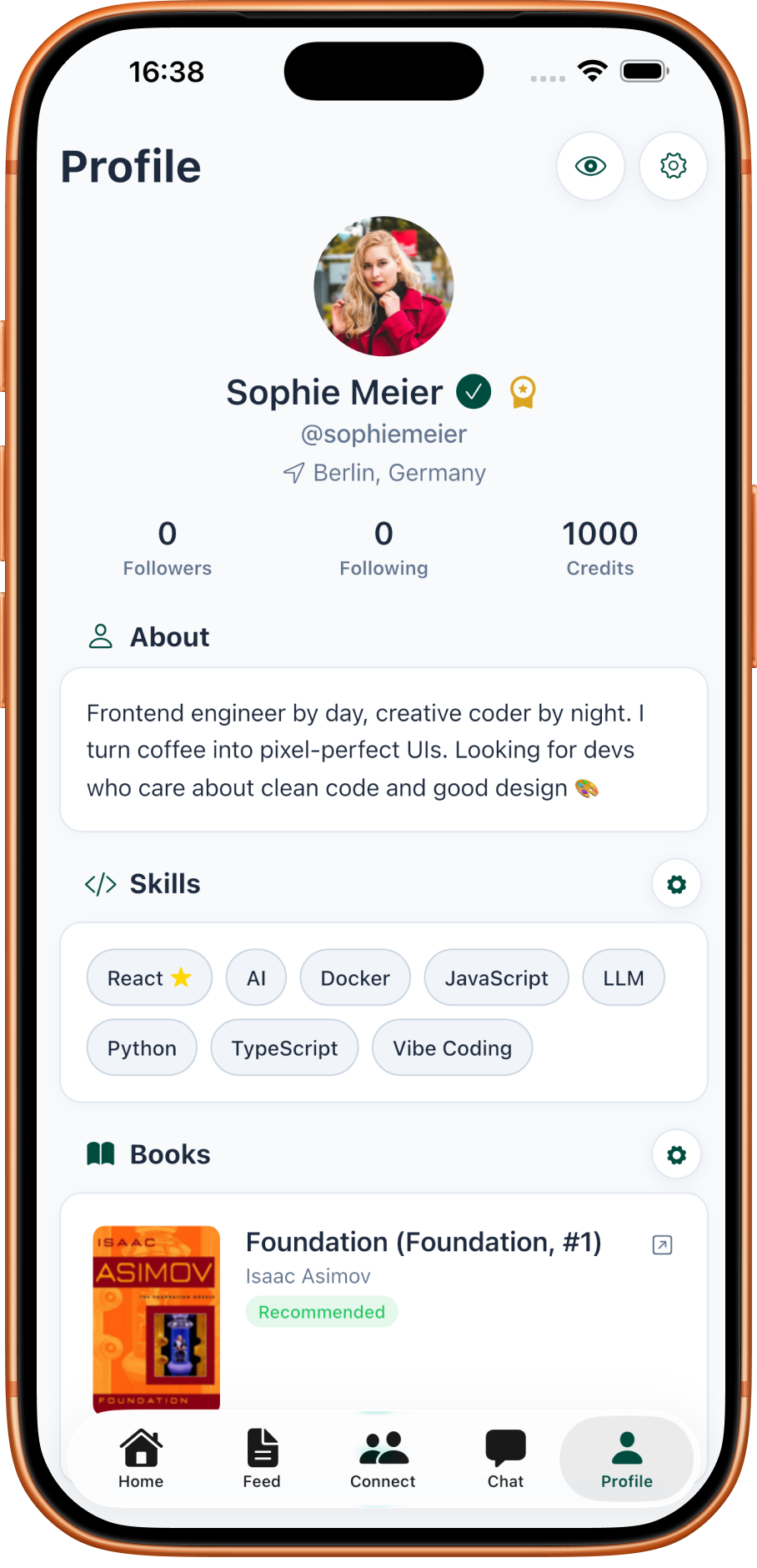 PushClub developer profile showing tech stack, projects and books